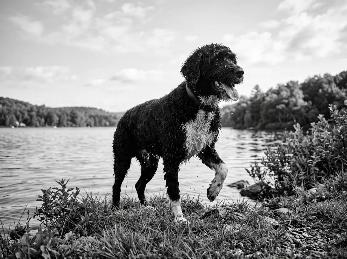 A black-and-white Portuguese Water Dog with a curly coat standing alertly on grass beside a lake in bright daylight