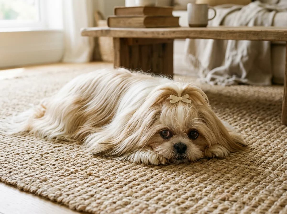 A gold-and-white Shih Tzu with a long flowing coat and topknot lying on a jute rug in warm afternoon light