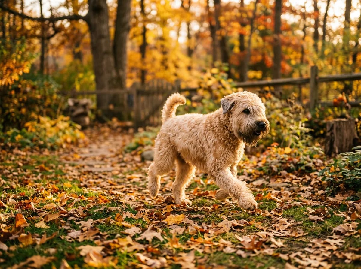 A Soft Coated Wheaten Terrier with a wavy golden coat trotting across a leaf-strewn backyard in golden light