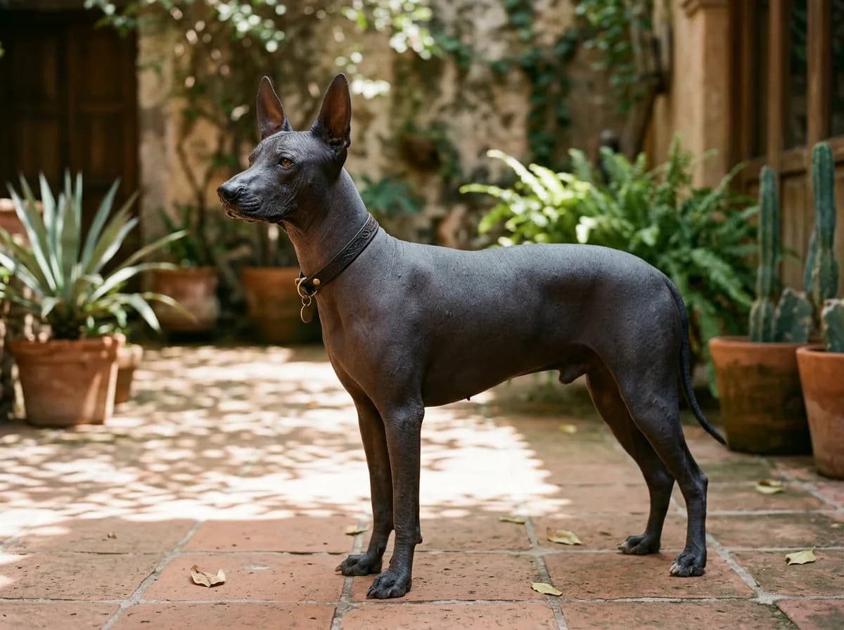 A hairless Xoloitzcuintli with smooth dark-gray skin and large upright ears standing in profile in dappled afternoon light