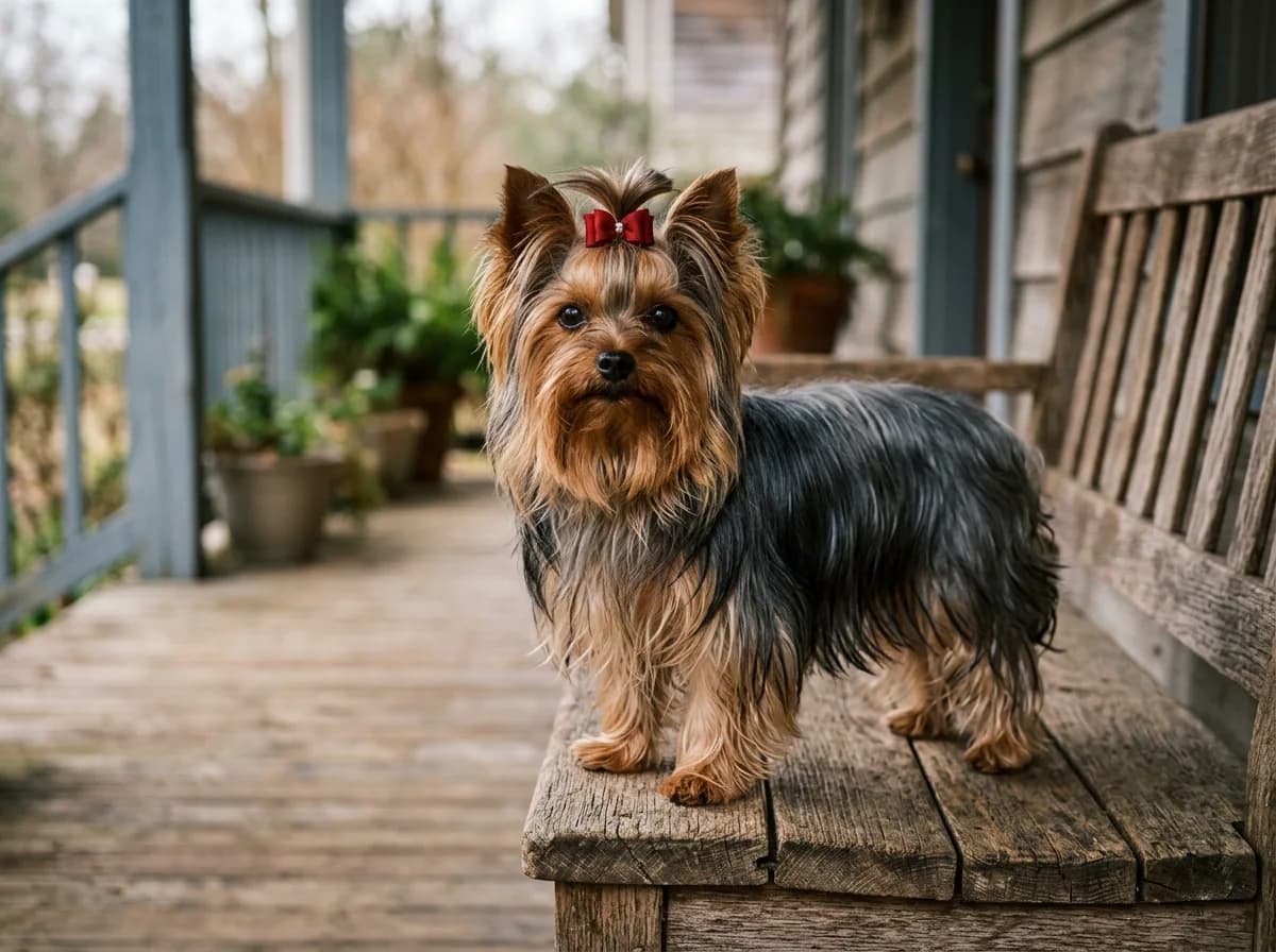 A Yorkshire Terrier with a silky steel-blue and tan coat standing on a wooden porch bench in soft daylight