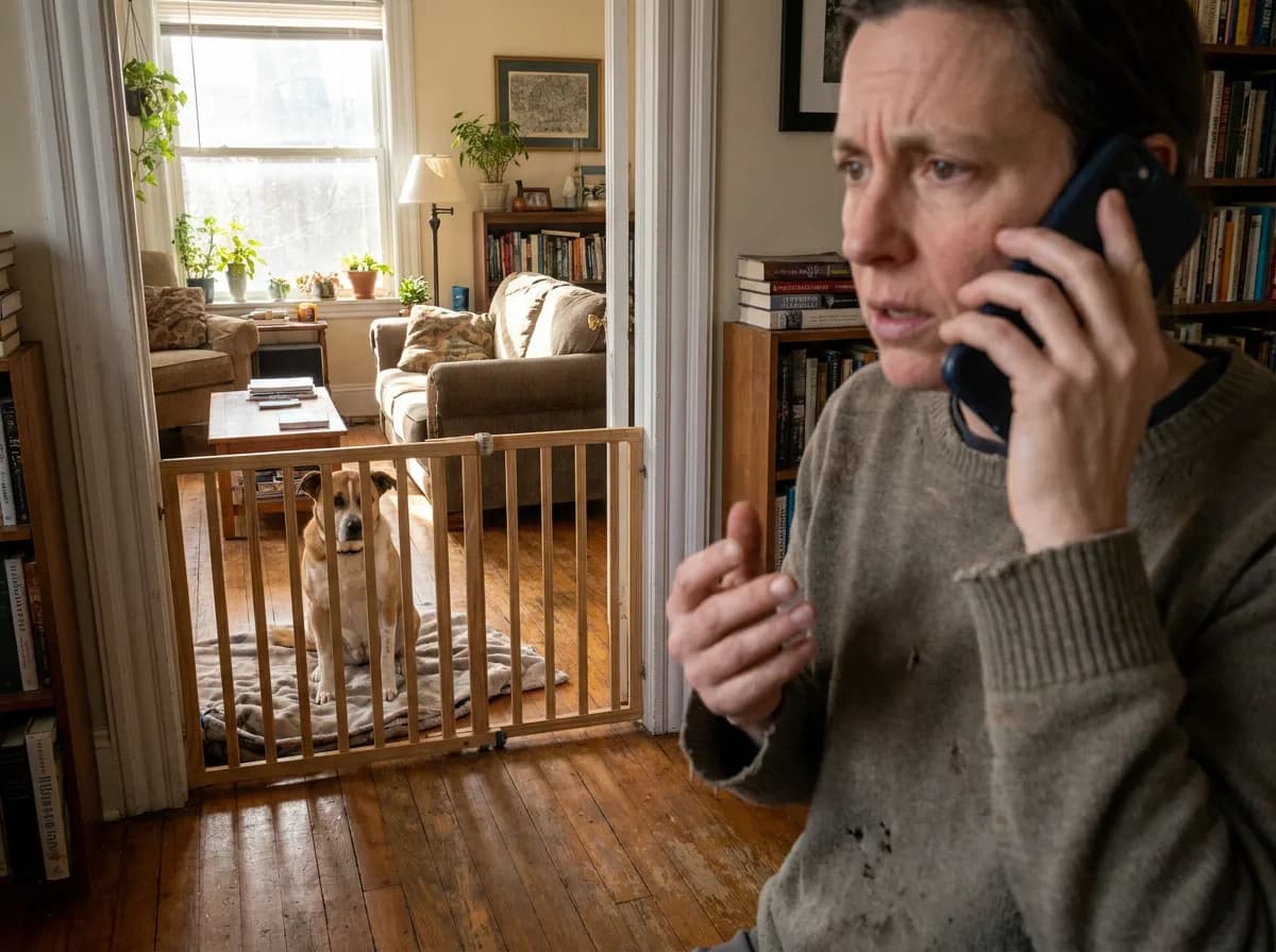 Adult making a phone call with a dog safely behind a nearby gate