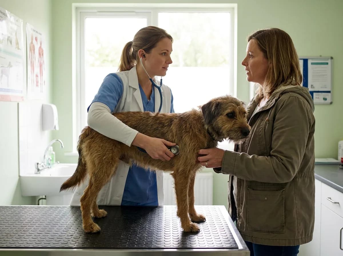 Veterinarian examining a dog while speaking with its owner