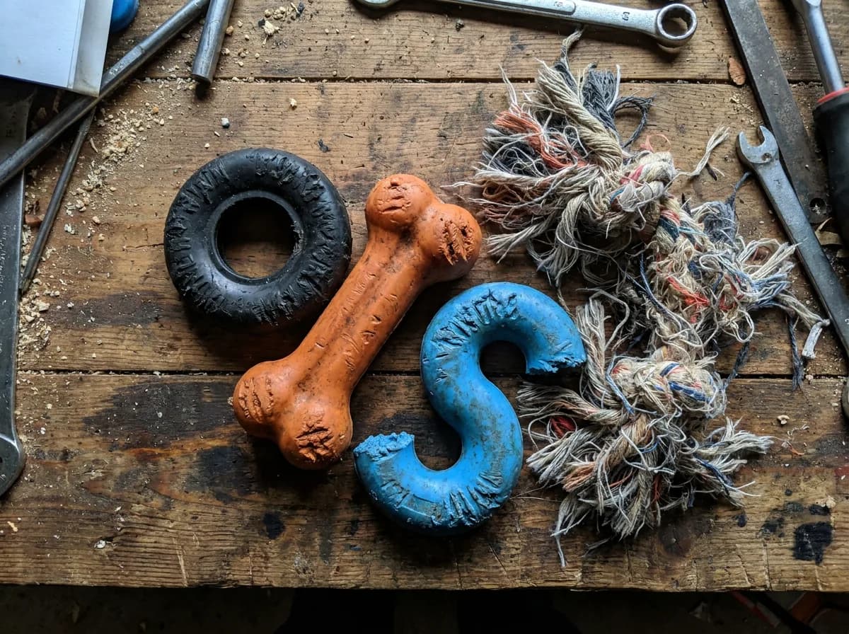 Overhead view of a gouged black rubber ring, an orange rubber bone and a chewed blue rubber S-toy beside a shredded rope toy on a garage workbench