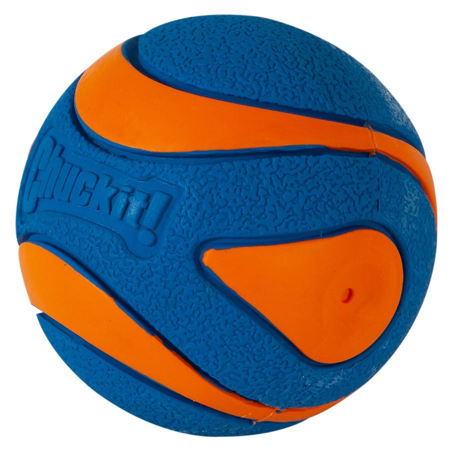 Angled exterior view of a blue-and-orange Chuckit! Ultra Squeaker Ball.