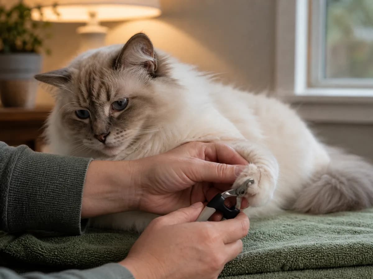 Owner supporting a calm Ragdoll's paw while positioning clippers at the clear claw tip
