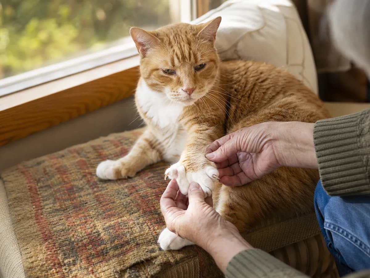 Senior orange polydactyl cat having its extra front toes and claws checked at home