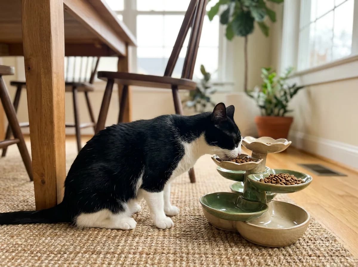 Tuxedo cat in side profile eating kibble from the tiers of a ceramic food-tree feeder on a woven rug in a sunny dining room
