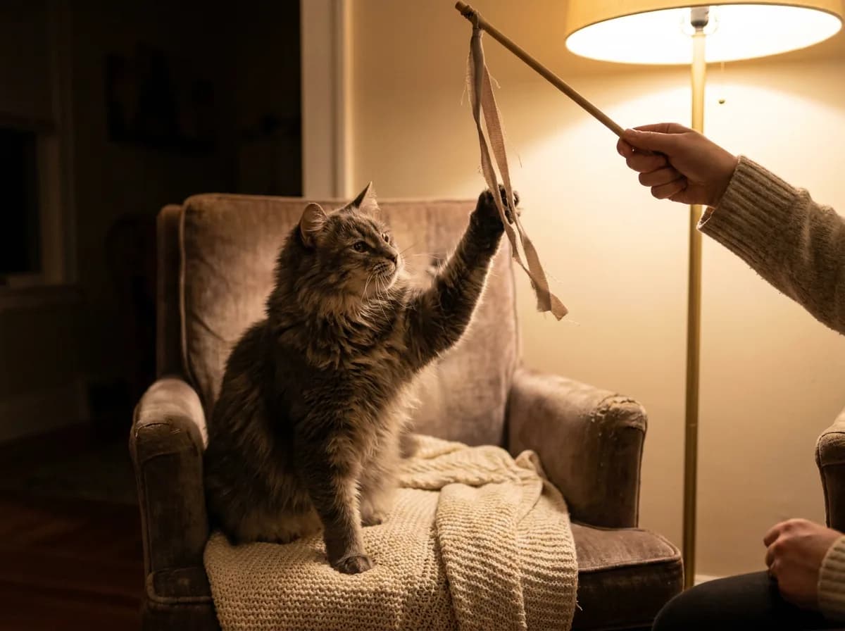 Fluffy senior gray cat sitting on a blanket-draped armchair reaching a paw up to catch a ribbon wand toy held by its owner under warm lamp light