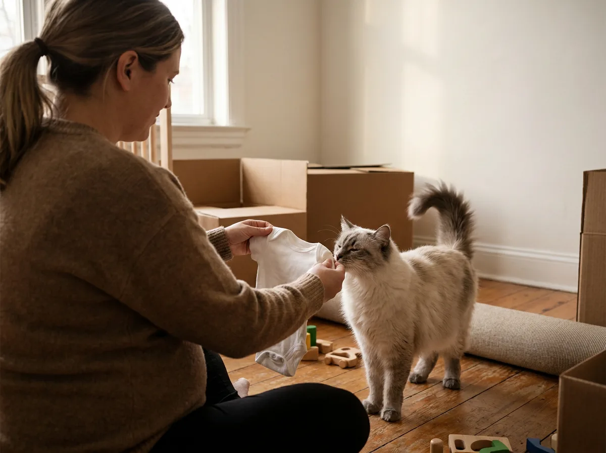 A pregnant person sitting on a nursery floor letting a cream cat sniff a folded white baby onesie.