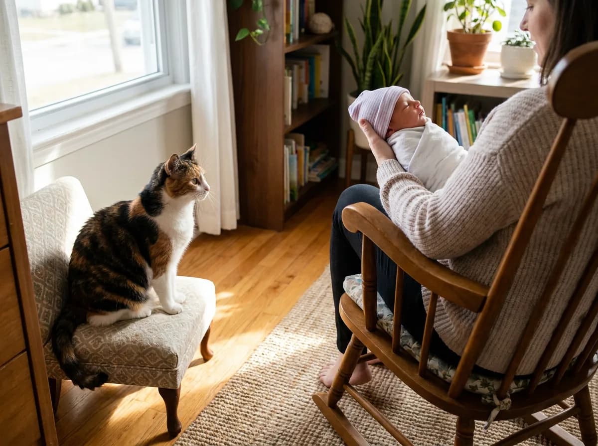 A parent in a rocking chair holding a swaddled newborn while a calico cat sits calmly on a small chair across the nursery.