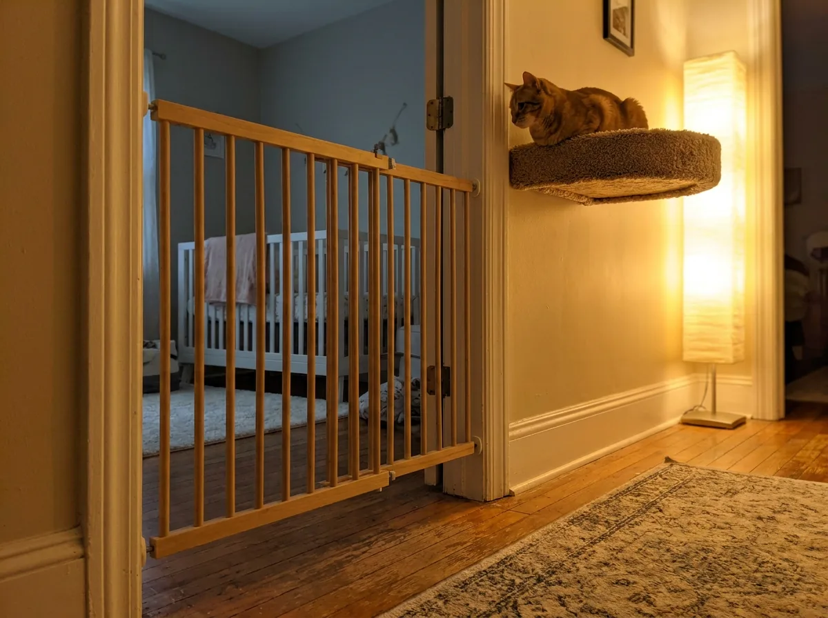 A ginger cat resting on a wall perch outside a baby-gated nursery doorway with a crib visible beyond.