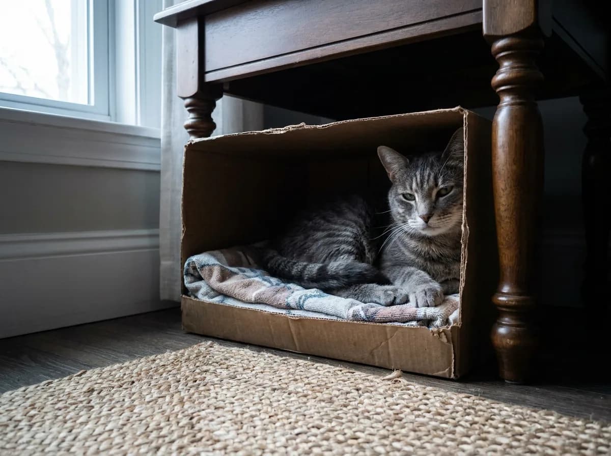 A gray tabby cat resting inside a cardboard box lined with a blanket under a wooden side table.