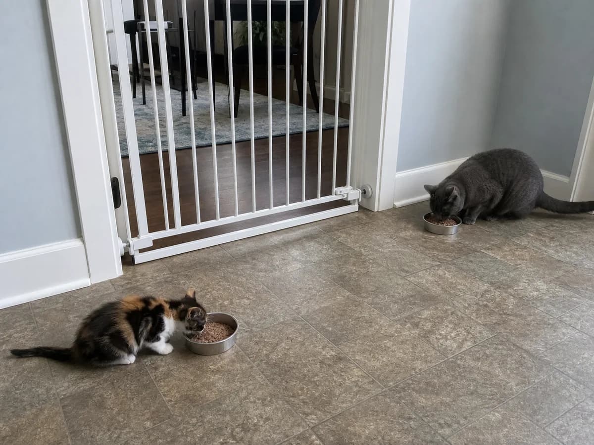 A calico kitten and gray adult cat eating from separate bowls on opposite sides of a baby gate