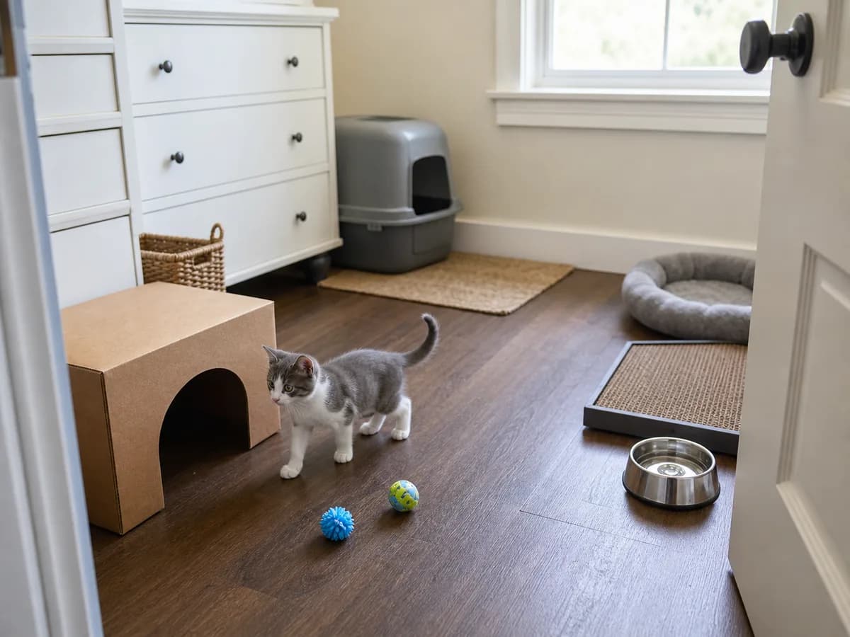 A gray and white kitten exploring a safe room with a litter box, water bowl, scratching mat, toys and cardboard hideaway