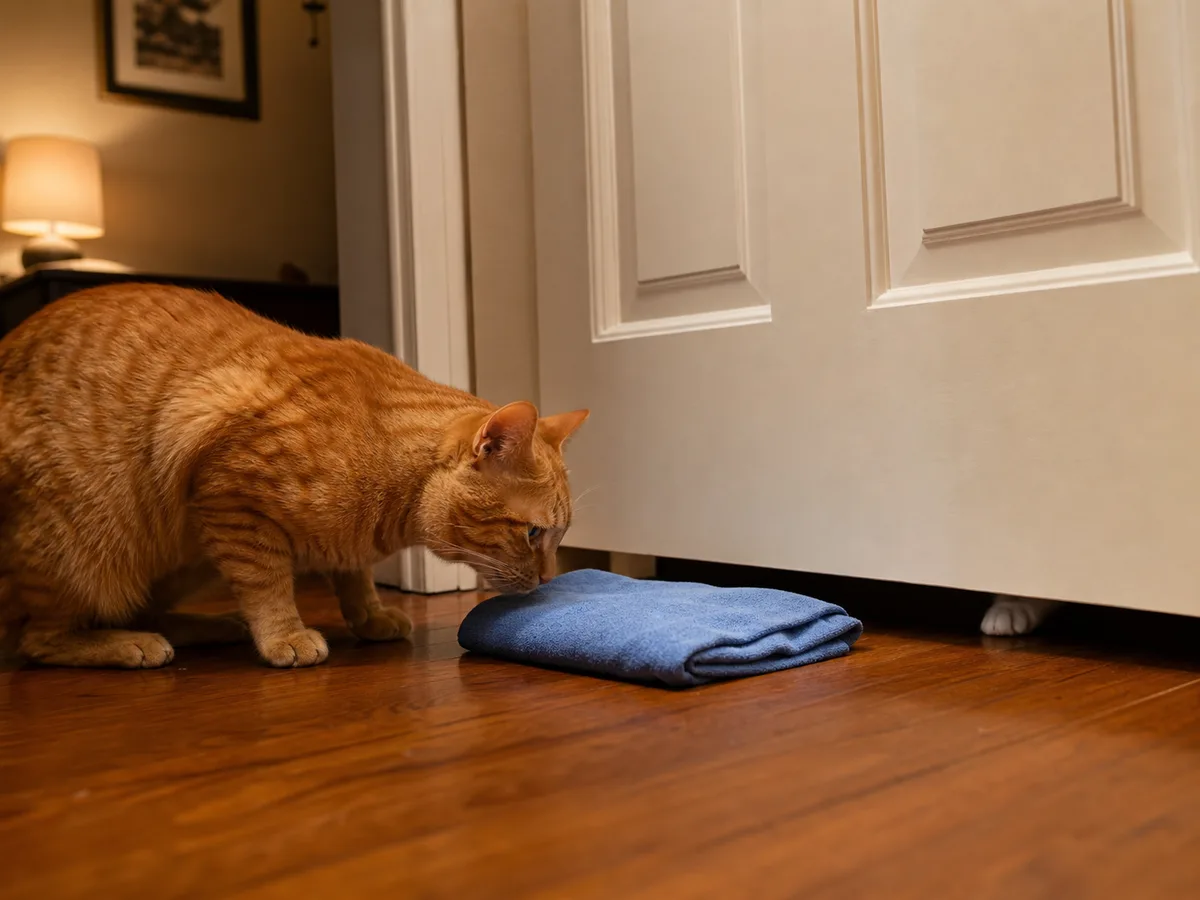 An orange adult cat sniffing a blue cloth near a closed door with a kitten paw visible underneath