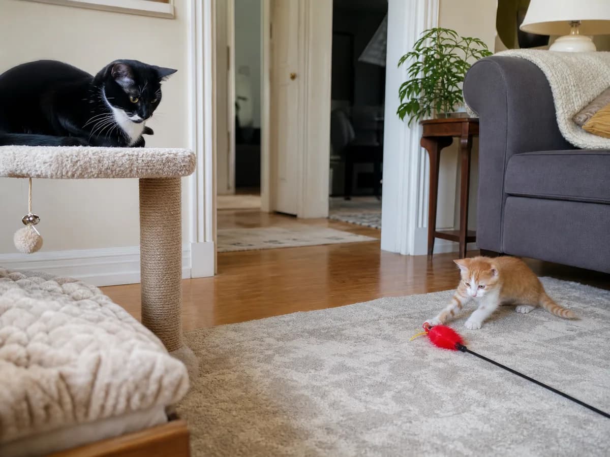 An adult tuxedo cat watching from a cat perch while a ginger and white kitten plays with a wand toy