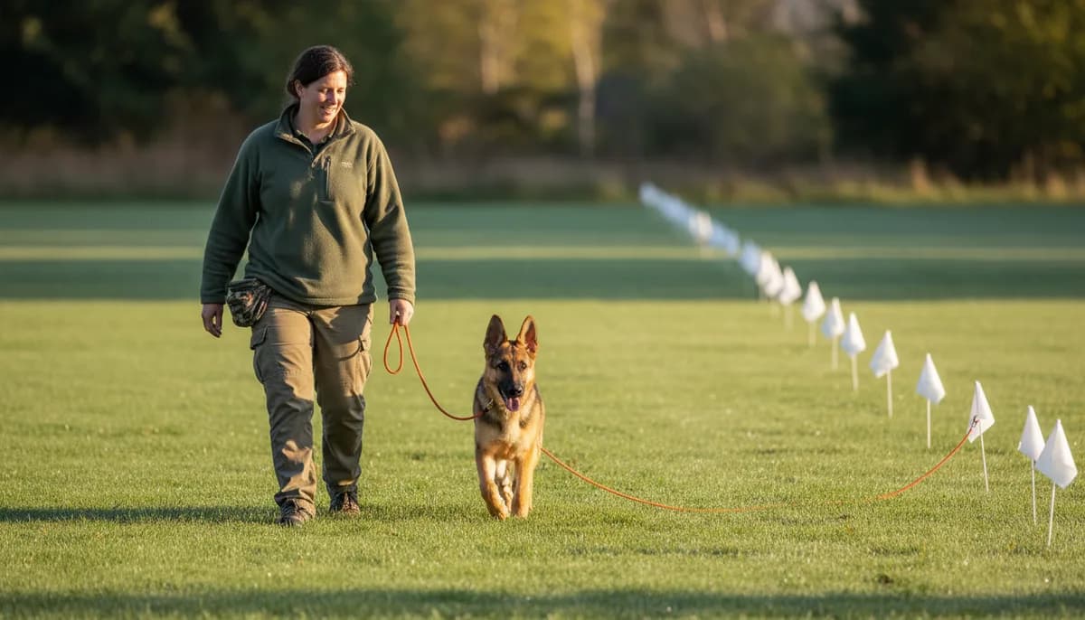 A handler walking a young German Shepherd on a long training line beside a row of white boundary flags