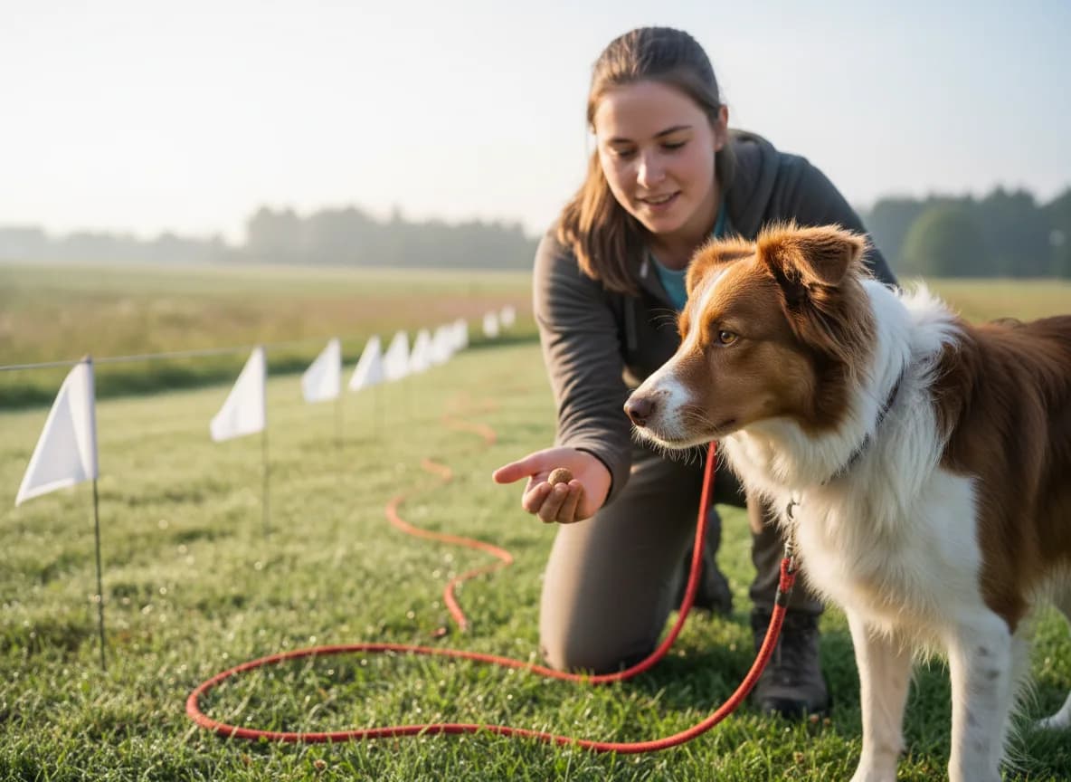 A handler walking a medium sized dog on a long training line beside a row of white boundary flags in a green suburban backyard