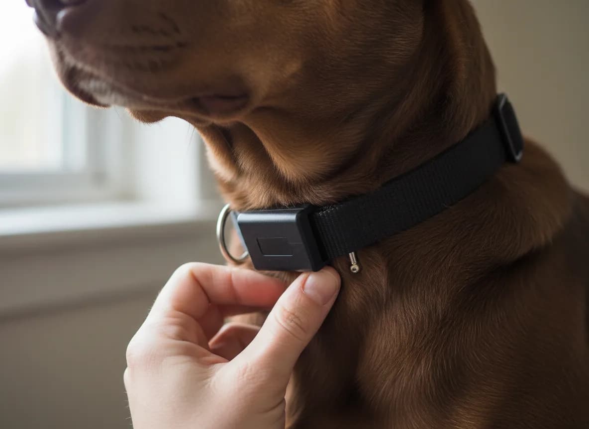 Close view of two hands checking the snugness of a receiver collar high on a dog's throat, fingers slipped under the strap beside the contact points