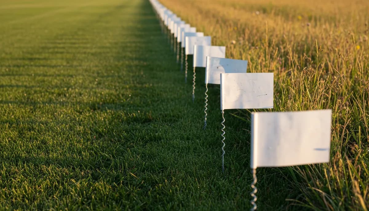 A line of evenly spaced white plastic training flags marking a boundary across a mown lawn with a house visible in the background