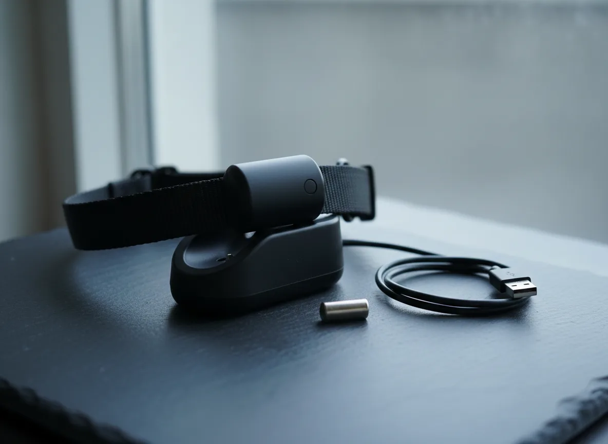 A receiver collar resting on its charging cradle on a kitchen counter next to a spare battery and a small pile of training treats