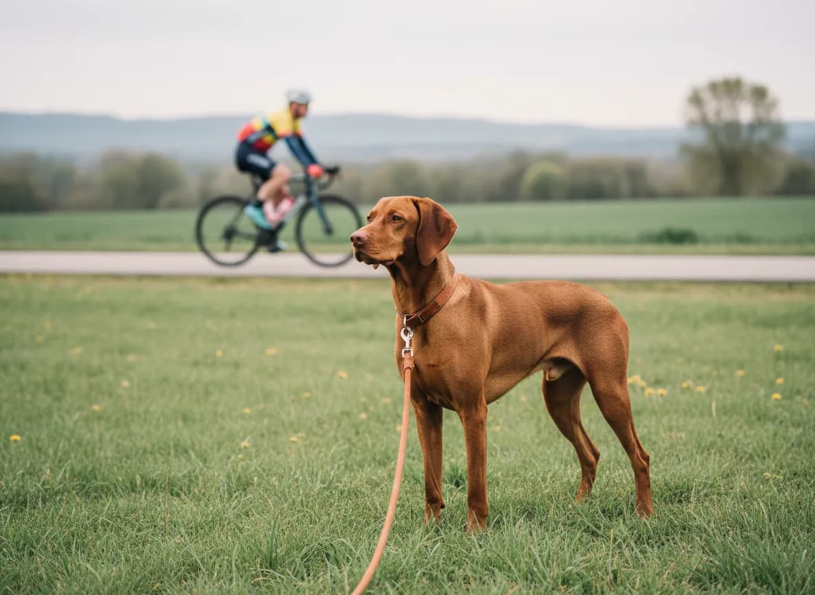 A dog holding position behind a boundary flag line on a dragging long training line while a person walks a bicycle past on the sidewalk beyond