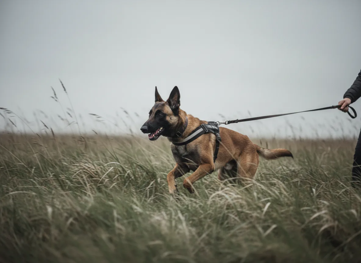 A lean high energy sighthound working on a long training line in an open grassy field with a handler holding the line at a distance