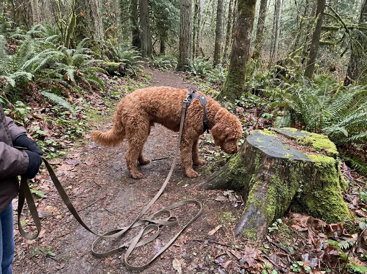 Curly red dog sniffing a stump while attached to a long line