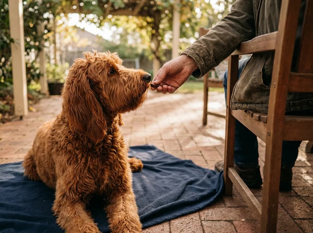 Caregiver rewarding a seated red dog on a patio
