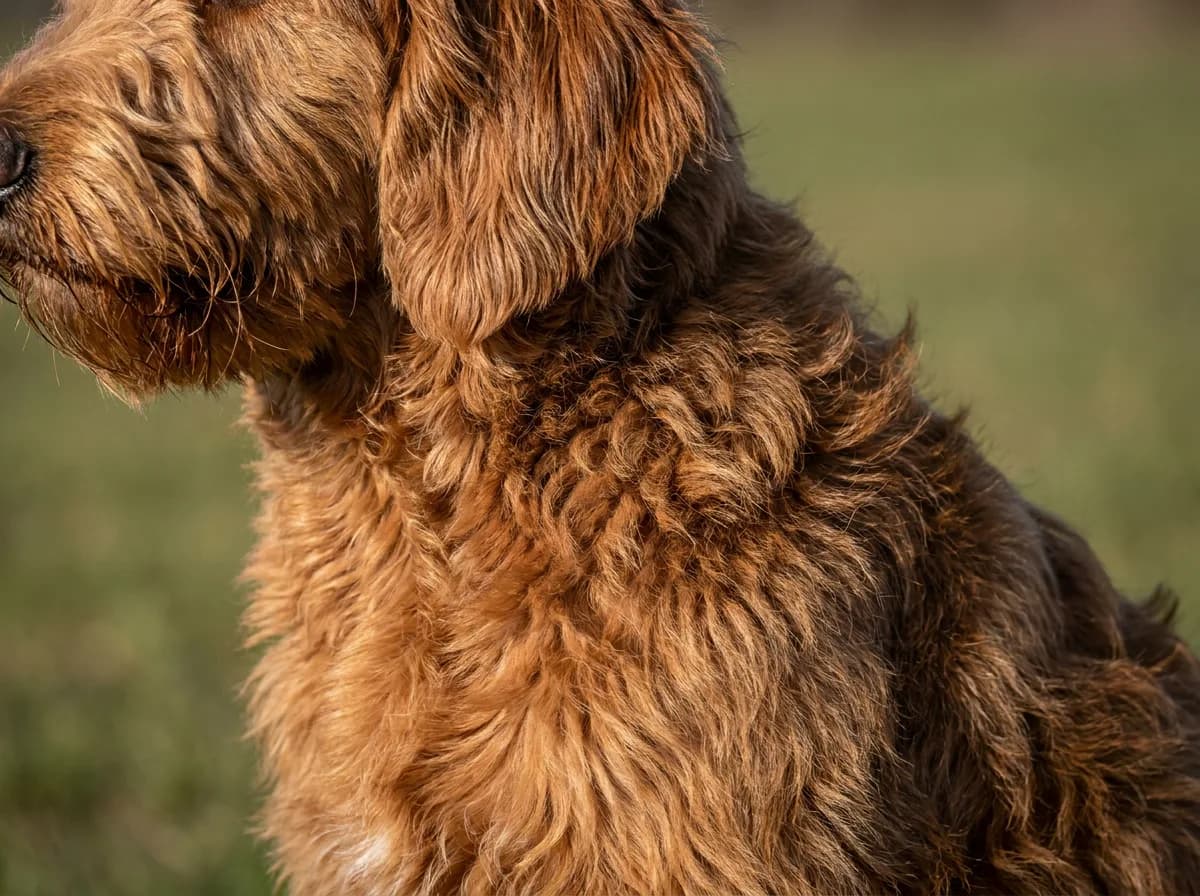 Close view of a red dog’s wavy coat around the ear and neck
