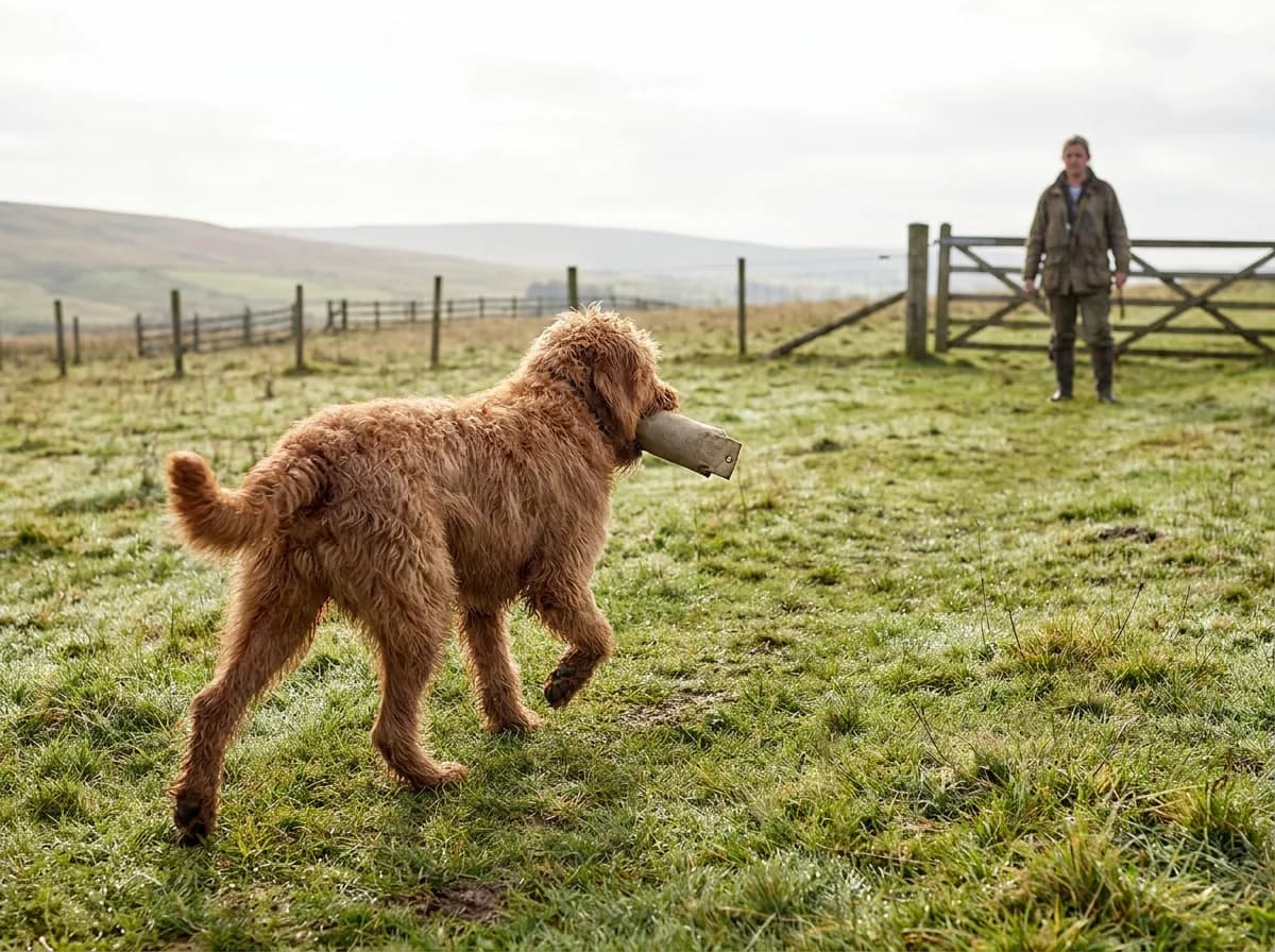 Red dog retrieving a training dummy in a fenced field