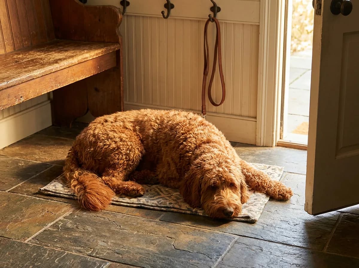 Red dog resting on a mat in an entryway