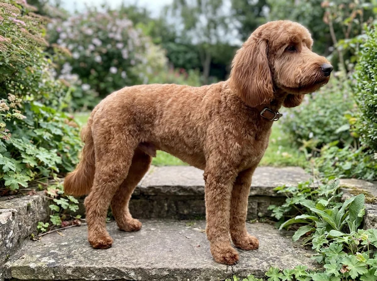 Red Irish Doodle with a short coat standing outdoors