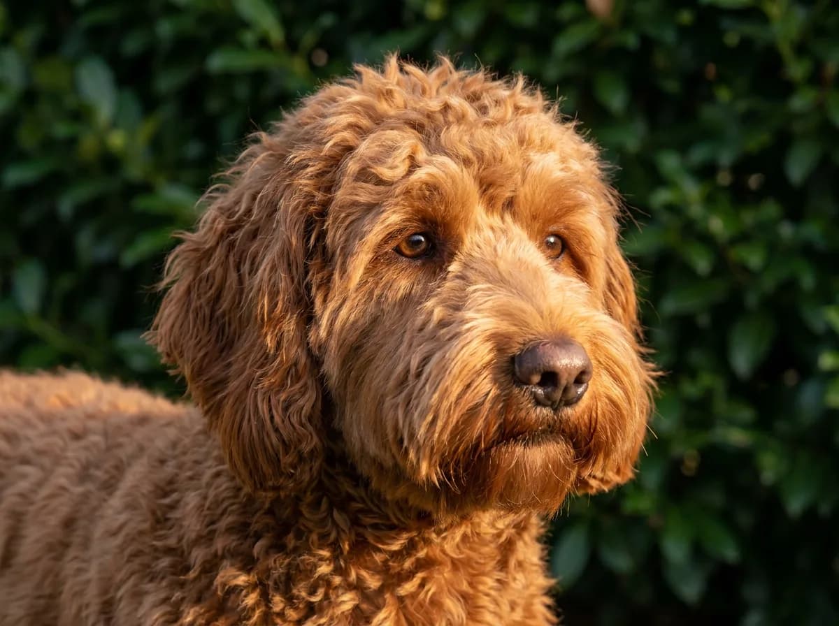 Close view of a red doodle’s rounded face and beard