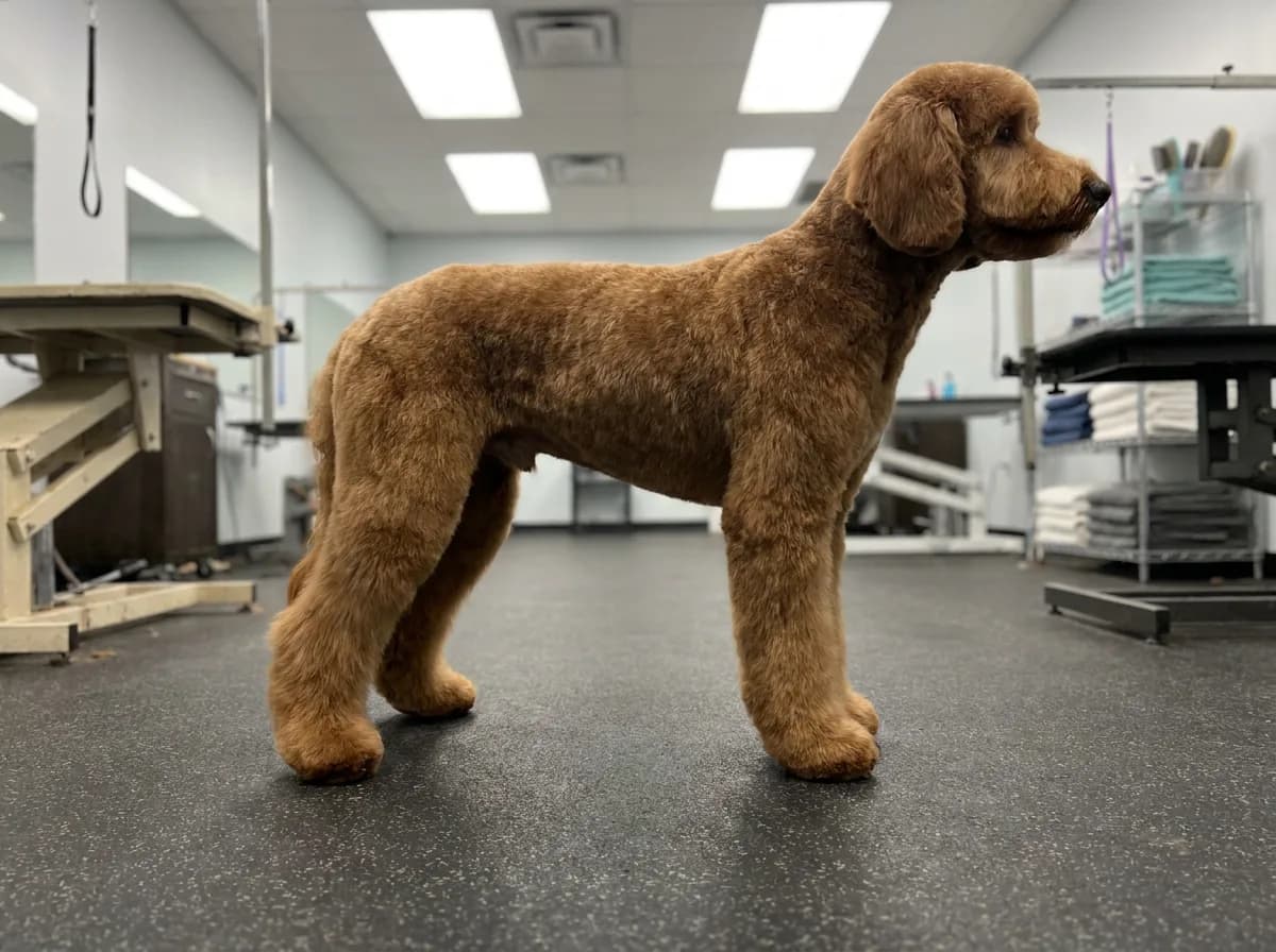 Doodle with a rounded trim standing in a grooming salon