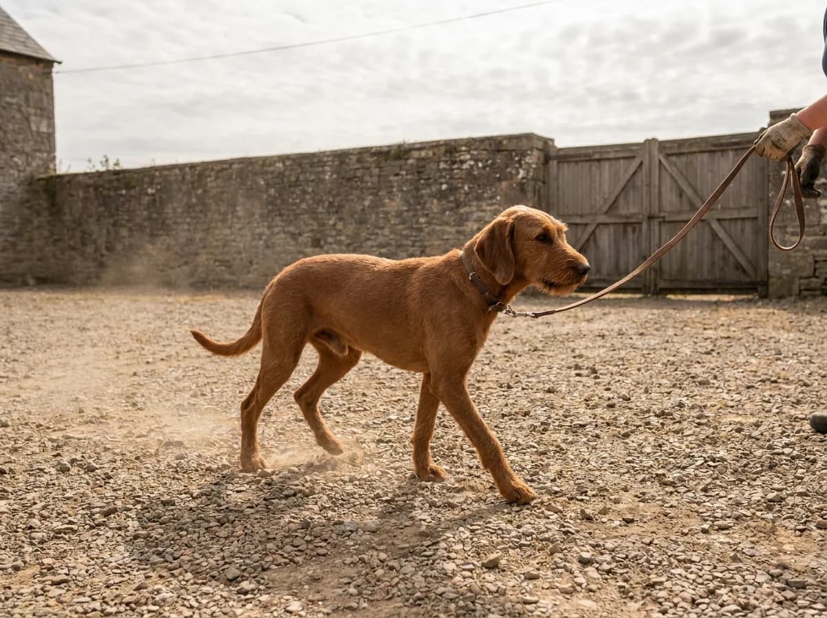 Short-coated red doodle walking on a leash across a courtyard