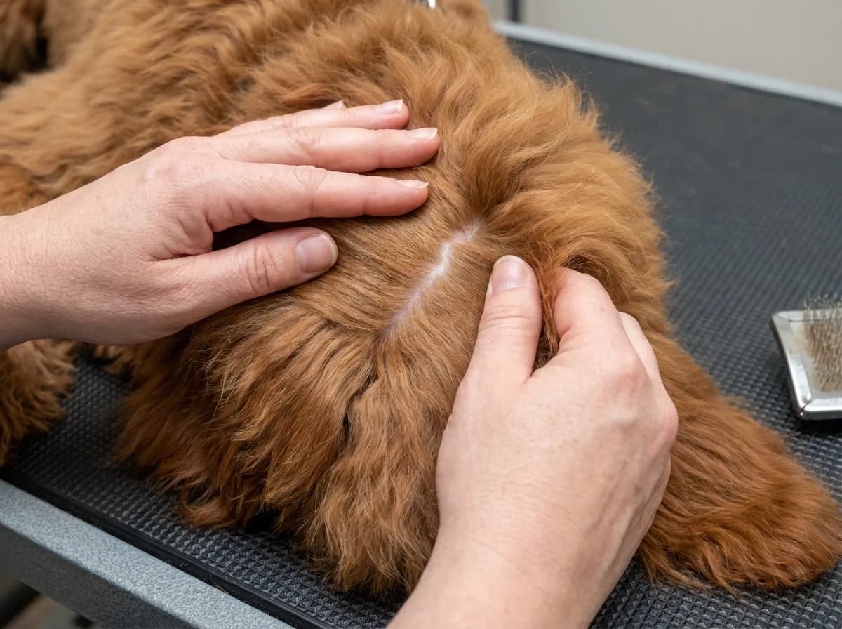 Hands parting a red doodle’s coat to check the skin and roots