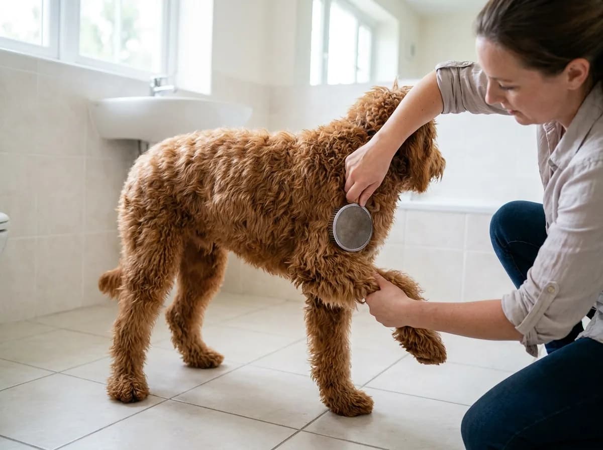 Caregiver brushing a red dog while supporting one front leg