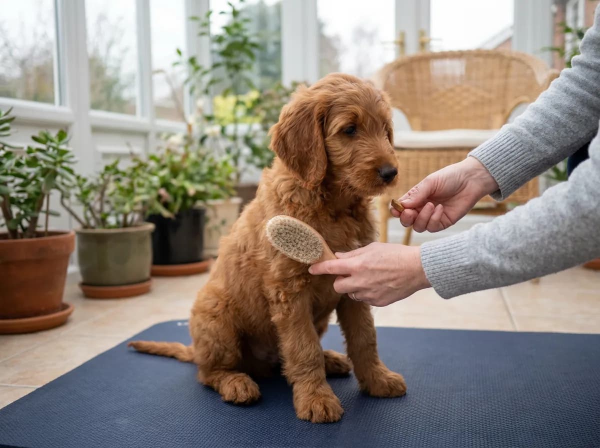 Caregiver introducing a brush and reward to a seated puppy