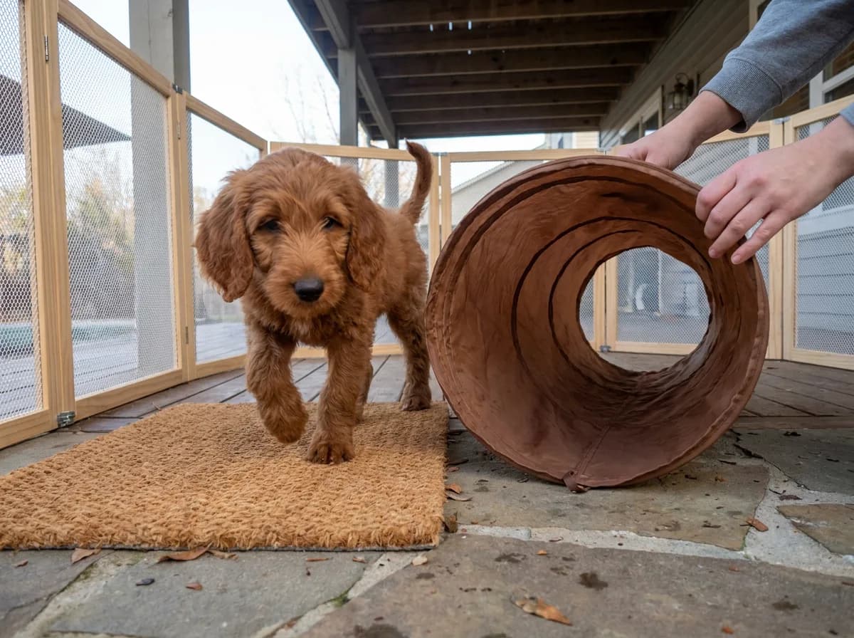 Red Irish Doodle puppy near a cloth play tunnel