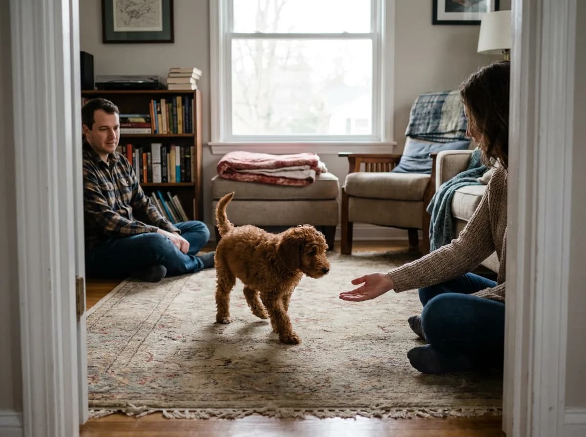 Two adults introducing a puppy to a living room