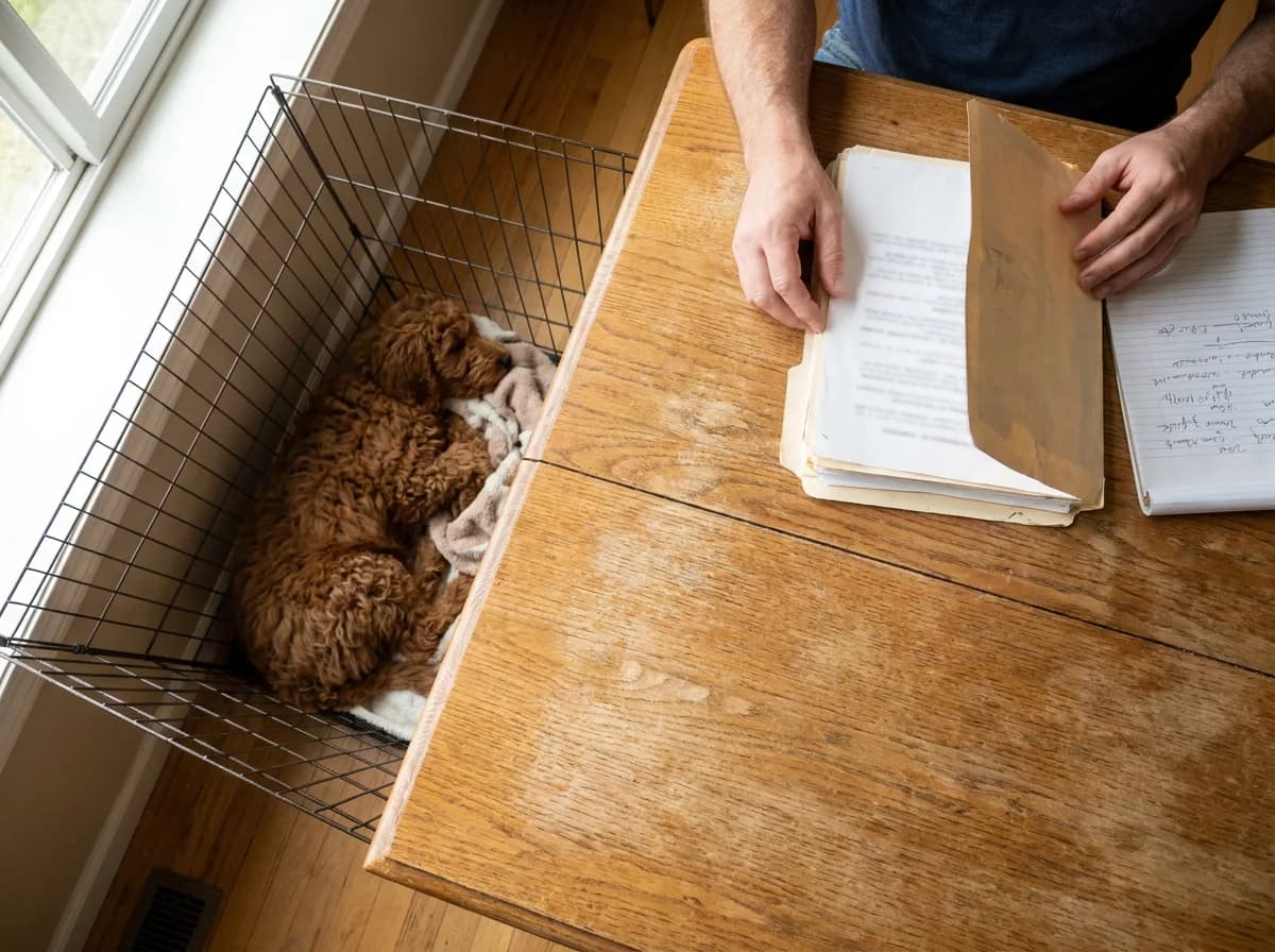 Adults reviewing records while a puppy rests in a pen