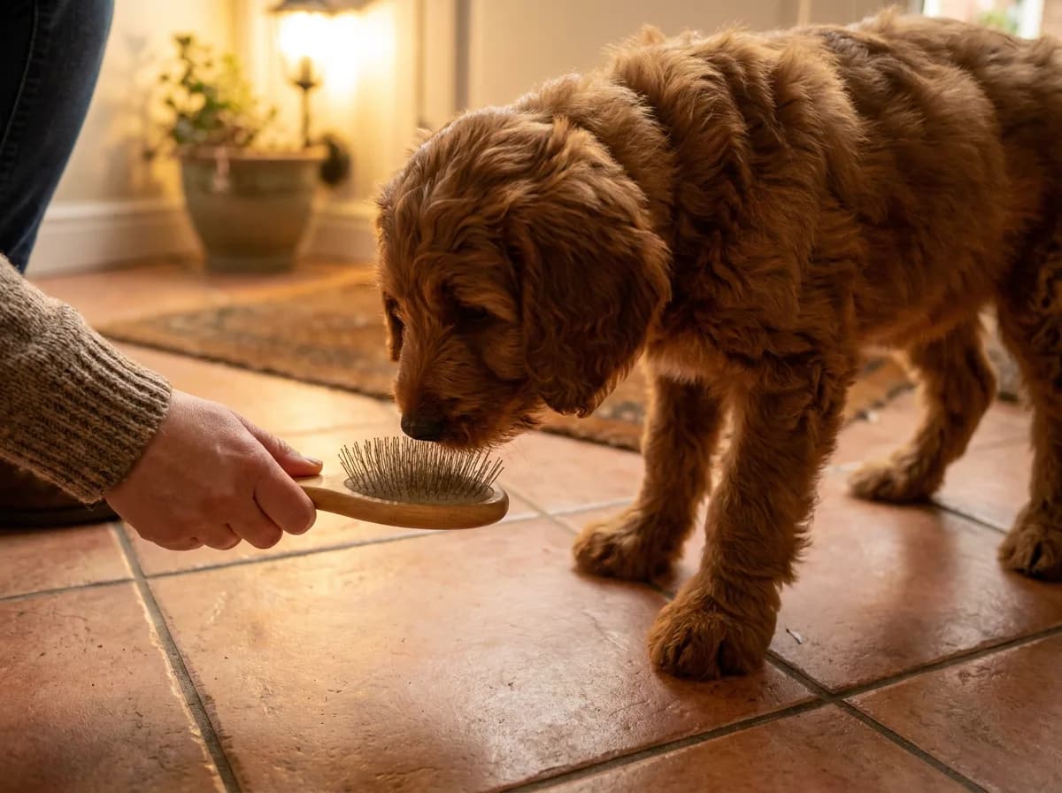 Puppy sniffing a pin brush
