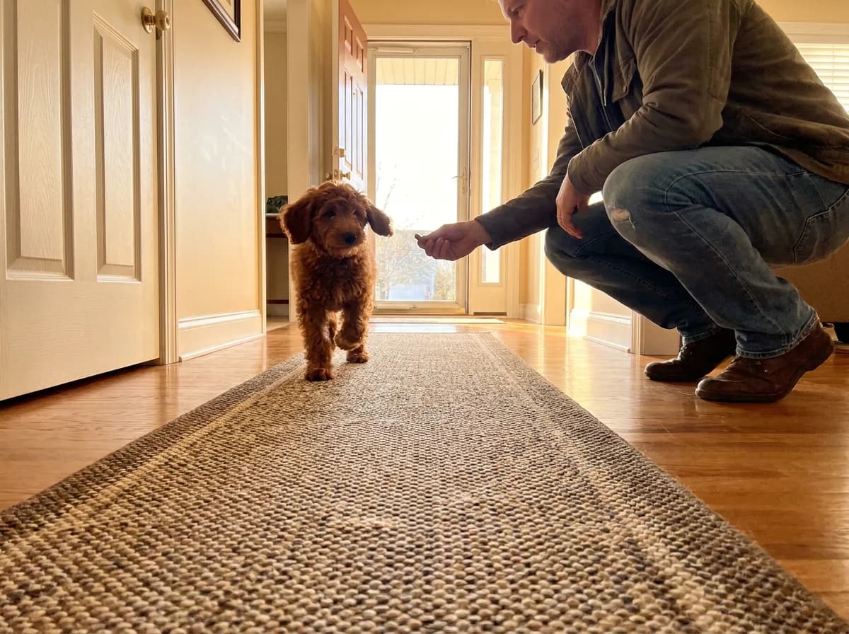 Caregiver rewarding a puppy in a hallway