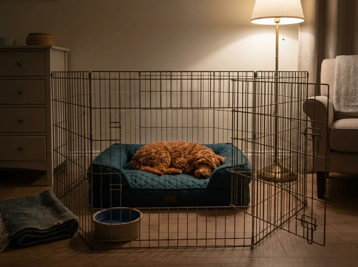 Puppy sleeping in a bed inside a pen