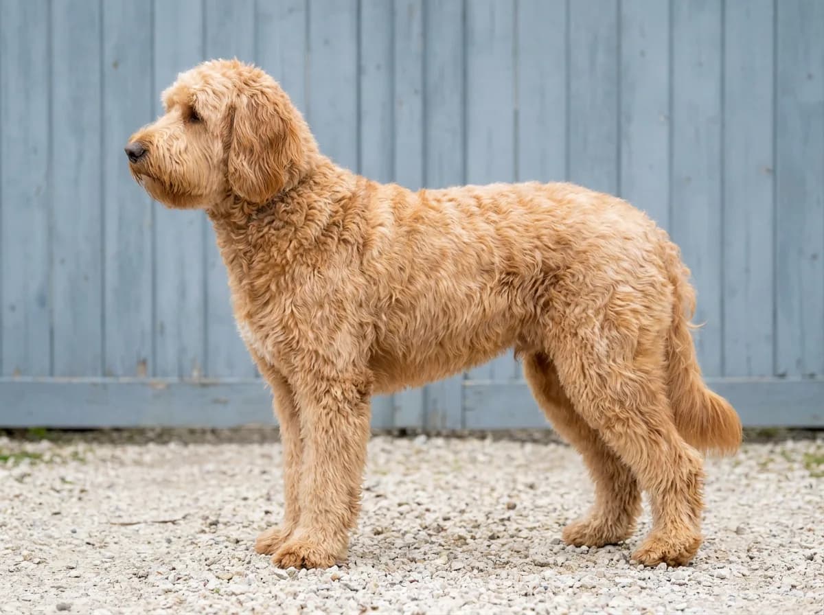 Golden curly-coated doodle standing beside a blue fence