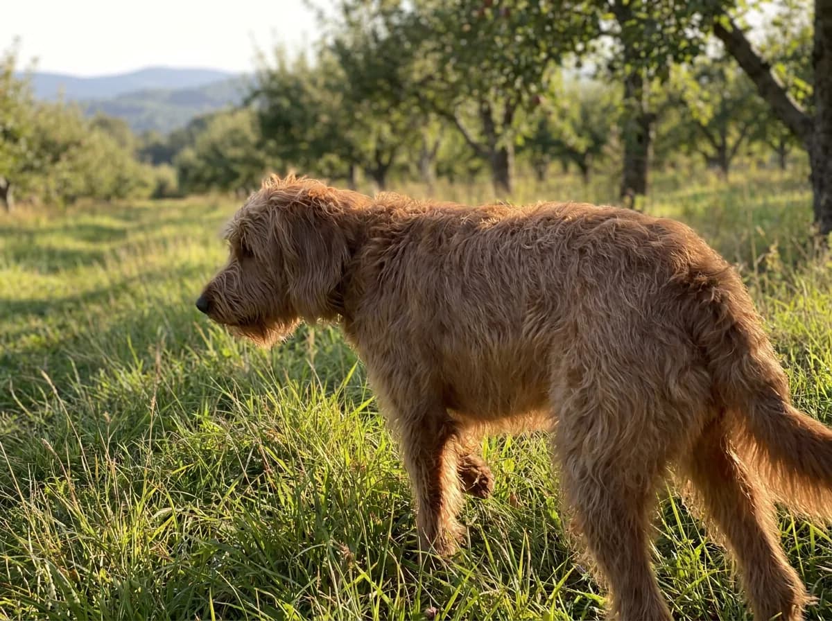 Red wavy-coated doodle standing in a meadow