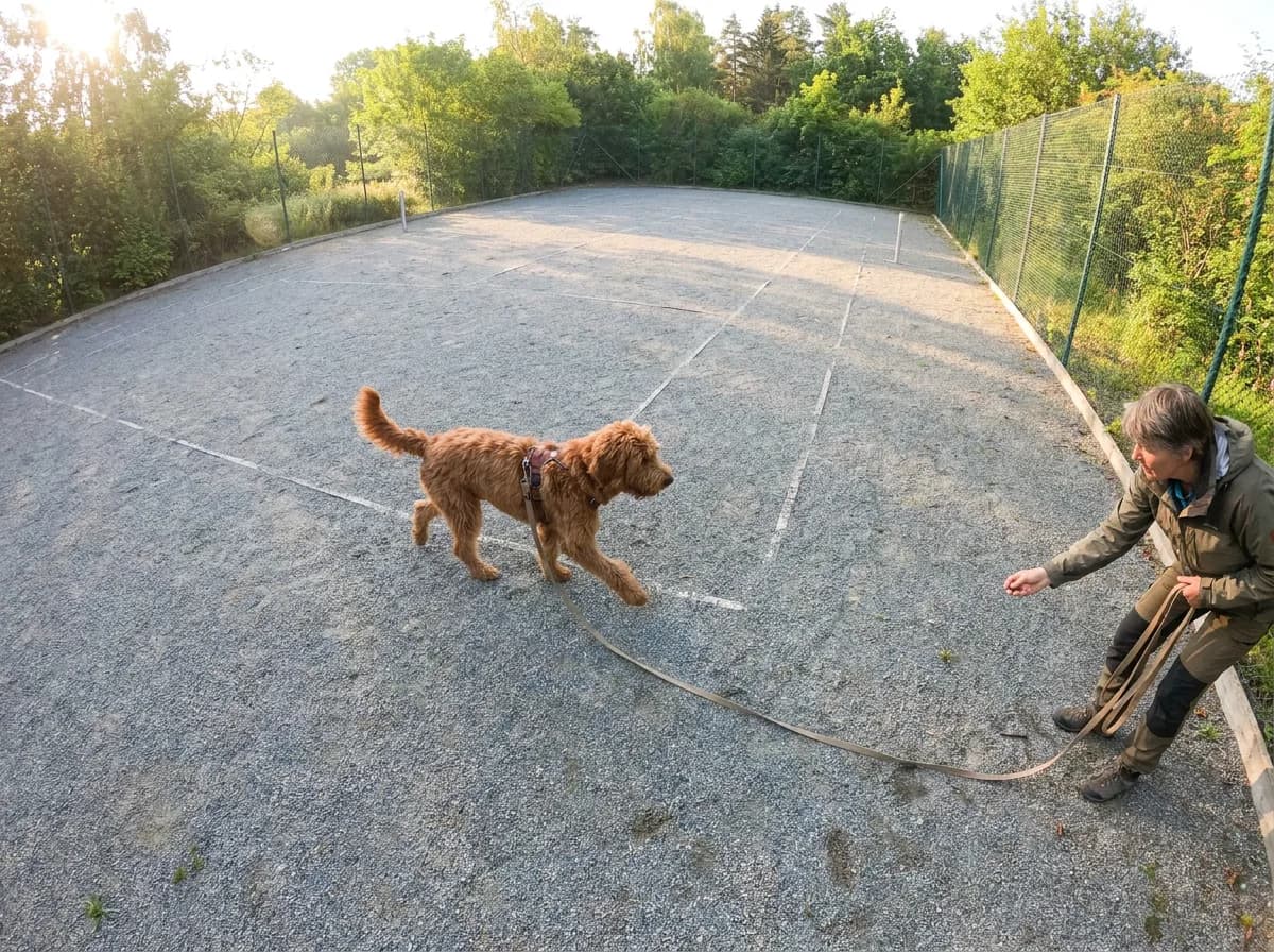 Caregiver rewarding a red dog on a fenced court