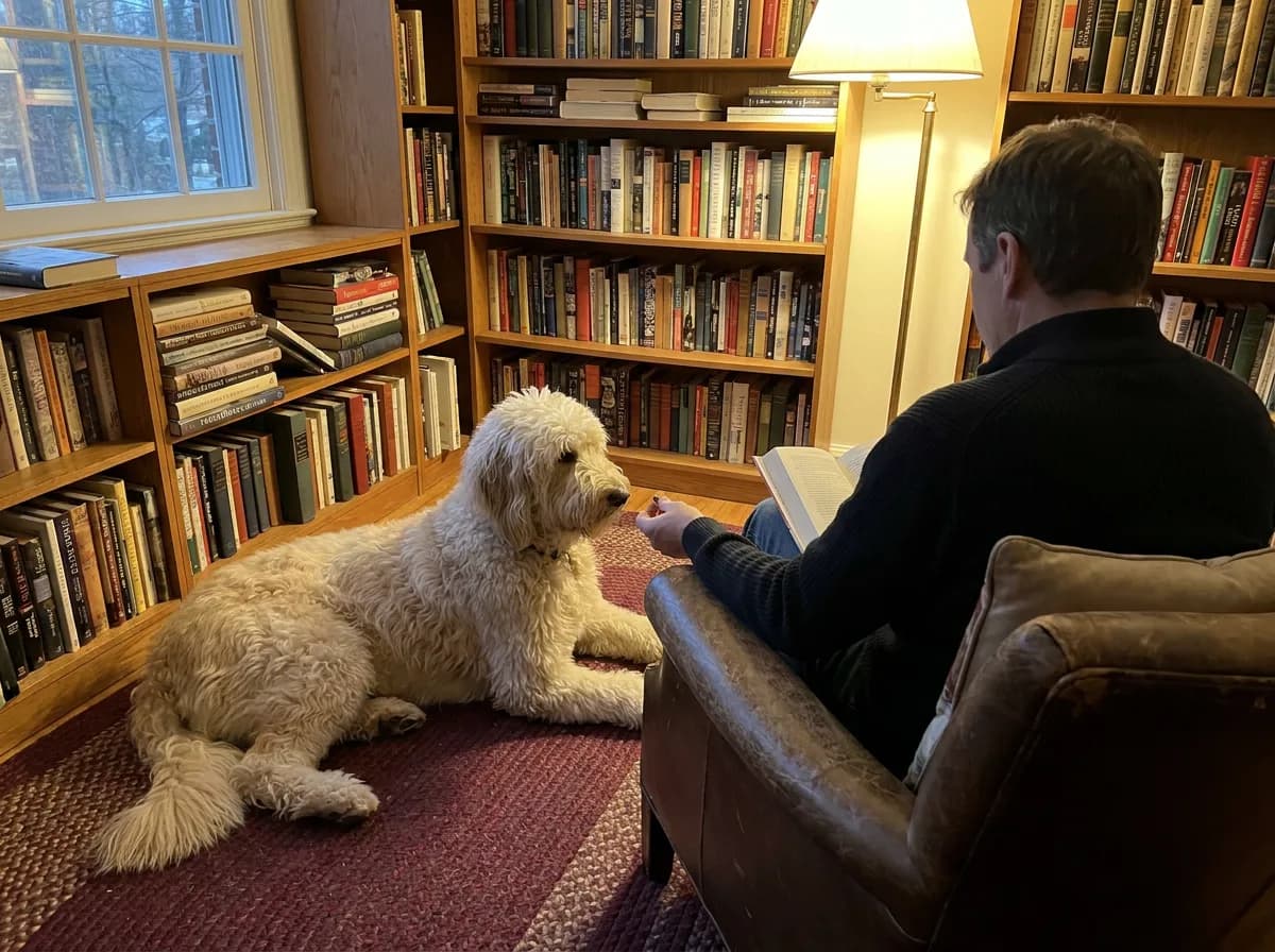 Cream doodle resting beside a seated caregiver in a reading room